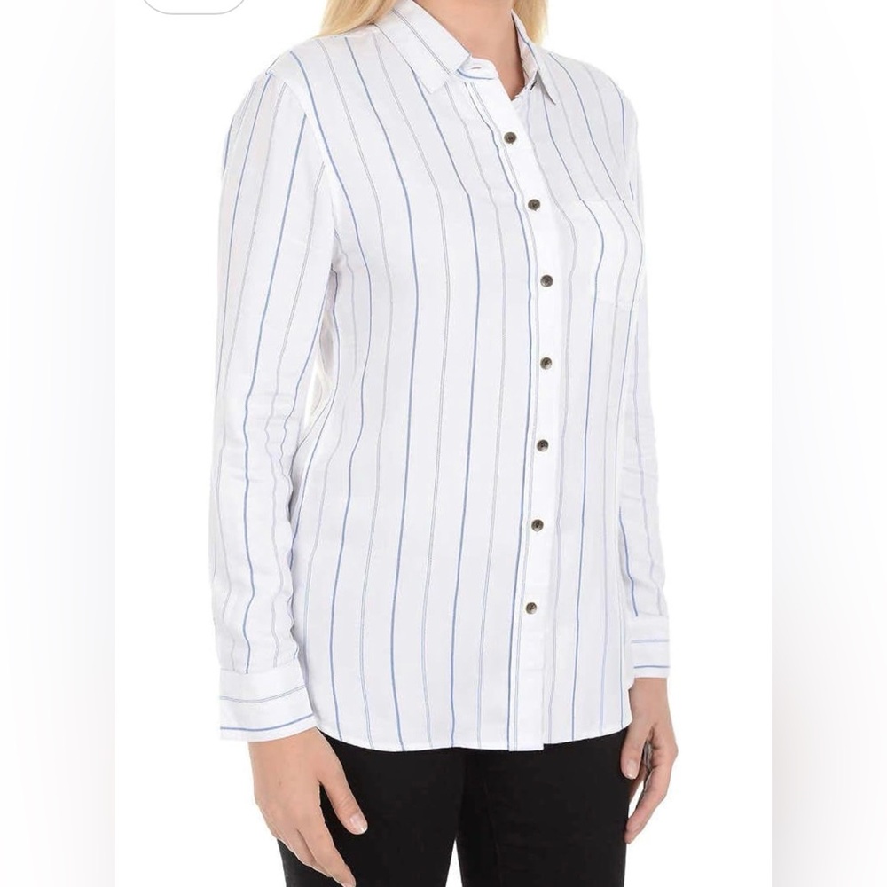 JACHS Girlfriend White with Blue Stripes Button-Down Shirt Size Small